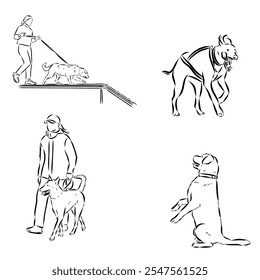 Cenas de treinamento de cães com personagens de desenhos animados do homem e seu animal de estimação aprendendo vários comandos