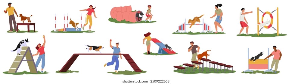 Scenes Of Dogs And Their Trainers Engaged In Different Agility Exercises And Training Sessions. Cartoon Vector Image Showcases Activities Such As Jumping, Running Through Tunnels, Balancing On Beams
