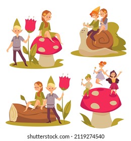 Scenes with fairy pixie boys and girls riding snail, cartoon flat vector illustration isolated on white background. Magical characters set on mushroom and in flowers. Cute elves in nature.