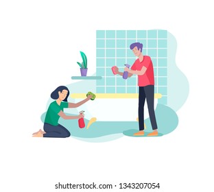 Scenes with family doing housework, couple man and woma home cleaning, washing toilet, wipe dust in bathroom. Vector illustration cartoon style