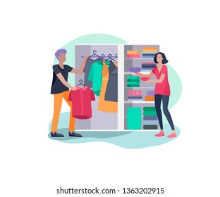 Scenes With The Family Doing Housework, Couple Man And Woman Clean The House, Washing Clothes Iand Putting Things In The Wardrobe Or Closet. Vector Illustration Of Cartoon Style.