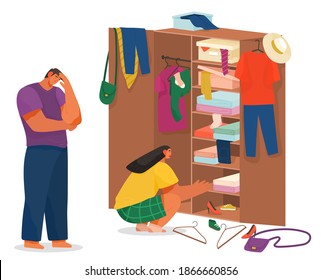 Scenes with the family doing housework, couple man and woman clean the house, washing clothes and putting things in the wardrobe or closet. Tired guy holding his head in his hand and active girl