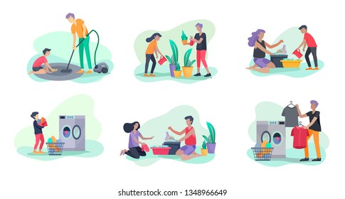 Scenes with family doing housework, kids helping parents with home cleaning, washing dishes, fold clothes, cleaning window, carpet and floor, wipe dust, water flower. Vector illustration cartoon style