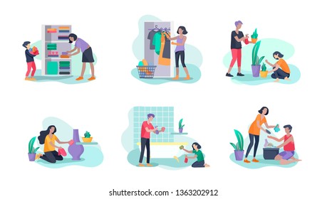 Scenes with family doing housework, kids helping parents with home cleaning, washing dishes, fold clothes, cleaning window, carpet and floor, wipe dust, water flower. Vector illustration cartoon style