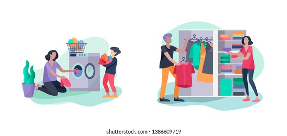 Scenes with family doing housework, kids helping parents with home cleaning, fold clothes in wardrobe, washing clothes in machine, wipe dust. Vector illustration cartoon style