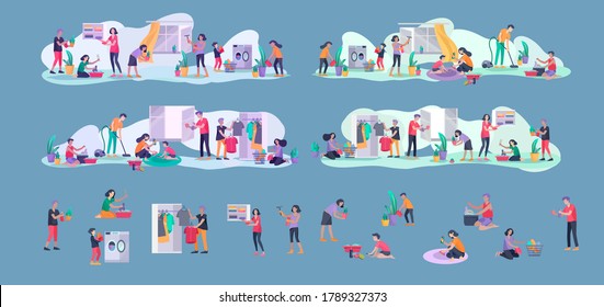 Scenes with family doing housework, kids helping parents with home cleaning, washing dishes, fold clothes, cleaning window, carpet and floor, wipe dust, water flower. Vector illustration cartoon style