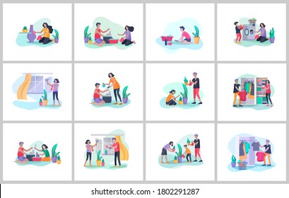 Scenes with family doing housework, kids helping parents with home cleaning, washing dishes, fold clothes, cleaning window, carpet and floor, wipe dust, water flower. Vector illustration cartoon style