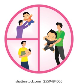 Scenes of fathers engaging in playful and caring activities with their young children, emphasizing love, bonding, and family values. Flat vector modern illustration 