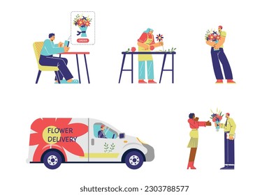 Scenes of flower delivery process - flat vector illustration isolated on white background. Person ordering flowers online, florist arranging bouquet, courier delivering by car.