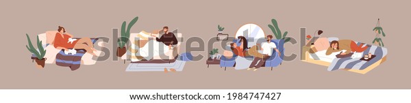 Scenes with happy people and cats relaxing\
at home. Set of men and women resting on sofas and beds with their\
pets. Lazy cozy evenings with cute animals. Isolated colored flat\
vector illustration