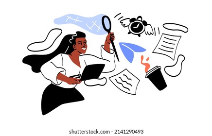 Scenes of hectic pace of life. Girl with laptop and magnifying glass analyzes documents. Paperwork and clerk, coworker bad time management, wrong schedule, overloaded. Cartoon flat vector illustration