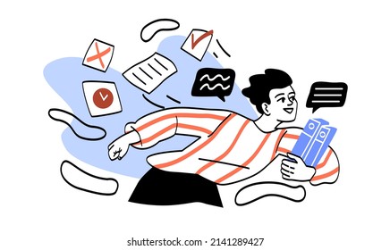 Scenes of hectic pace of life. Man with documents in hurry to catch deadline. Hardworking manager or clerk. Young employee at workplace, work process in company. Cartoon flat vector illustration