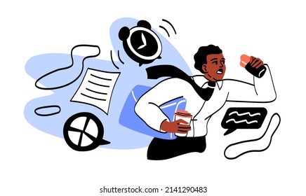 Scenes of hectic pace of life. Man with documents runs and eats against background of clock. Hard working employee afraid to meet deadlines. stress and panic. Cartoon flat vector illustration