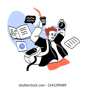 Scenes of hectic pace of life. Man with coffee or tea and watch on background of documents and papers. Paper work and workflow, overworked employee with cup. Cartoon flat vector illustration