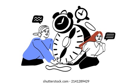 Scenes of hectic pace of life. Two girls carrying big clock, hardworking employees working on one project. Time management and deadline, company, scenes from office. Cartoon flat vector illustration