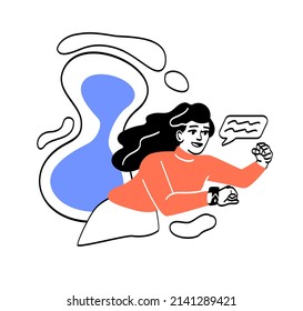 Scenes of hectic pace of life. Young girl runs and looks at clock, deadline and rush of employee. Working on important project, poor time management metaphor. Cartoon flat vector illustration