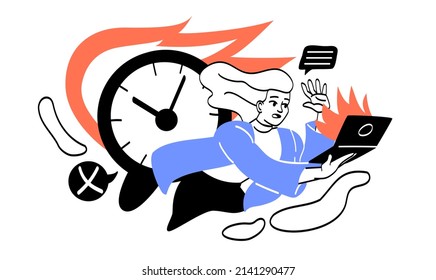 Szenen hektischen Tempos des Lebens. Junge Mädchen in Angst tippen auf Laptop auf dem Hintergrund der laufenden Uhr. Unsachgemäßes Zeitmanagement und der Versuch, Fristen einzuhalten. Cartoon-Flavektor-Vektorgrafik