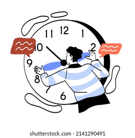 Scenes of hectic pace of life. Young guy trying to translate hands of clock. Poor time management and panic. Employee stressed due to deadline, wrong planning. Cartoon flat vector illustration