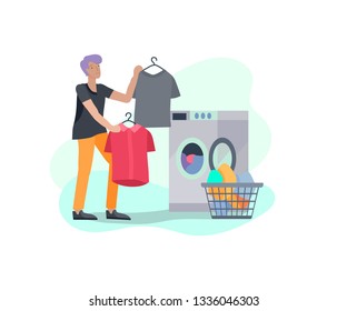 Scenes with the man doing housework, clean the house, washing clothes iand putting things in the wardrobe or closet. Vector illustration of cartoon style.