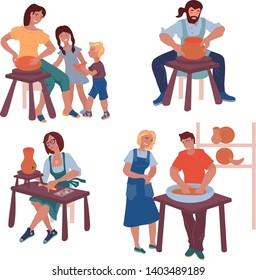Scenes of master classes and work  in a ceramic workshop. Сeramists  at work on a potter's wheel teaches children flat vector illustration isolated on white background.