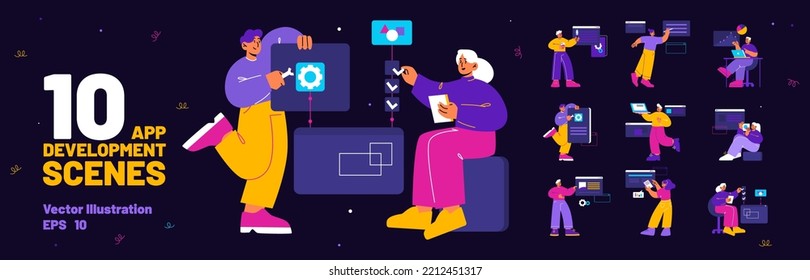 Scenes of mobile and web app development with people developers with laptops programming application, computer software, digital interfaces, vector flat illustration