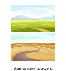 Scenes of nature with yellow and green field and road. Autumn and summer landscape vector illustration