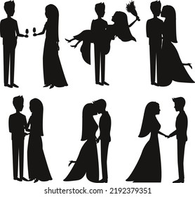 Scenes newly married couple different standing Vector Silhouettes