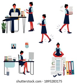 Scenes from office life in cartoon style, a set of vector illustrations of the work of the assistant director. Hard work, last-minute deadlines, busy schedule, office interior, rest.