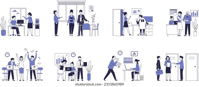 Scenes of office work. Business characters cooperate, communicate, help each other in the office location.