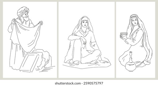 Scenes from oriental life. Dealer, young women. Drawing by line.