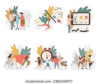 Scenes of people buying clothes in a fashion store or boutique. Women and men try on and choose clothes in a store. Color graphic flat vector illustration isolated on white background.