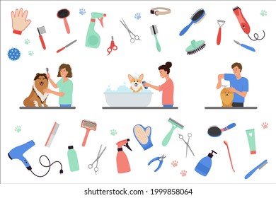 Scenes with people grooming dogs. Set of tools for coat care. Man and Women caring of pets, cutting fur, washing. Beauty salon for domestic animals. Flat cartoon Vector illustration isolated on white.