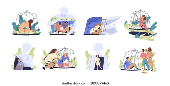 Scenes with people locked and getting out of the cage. Concept of inner prison escape and freedom. Victims in birdcage. Despair person in depression. Flat vector cartoon illustration isolated on white
