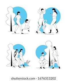 scenes of people practicing exercise vector illustration design