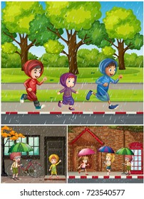 Scenes with people in the rain illustration