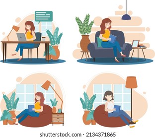 Scenes with people working from home illustration