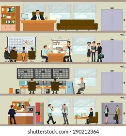 scenes of people working in the office. Interior office. Vector illustration in a flat style. open space office building with working people.