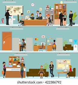 Scenes Of People Working In The Office. Interior Office. Vector. 