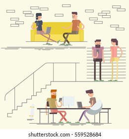 scenes of people working in the office. Interior office. Concept of the coworking center. Business meeting. Flat design style vector illustration. Freelancers working in creative space. 