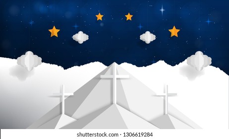 Scenes of the place where Jesus Christ was crucified. There are crosses, mountains and stars. Make it like using paper to paste.