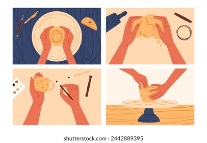 Scenes of pottery workshop. Various tools for sculpting pottery. Process of making pottery. Handmade and hobby. Vector illustration in cartoon style. Isolated on white background	