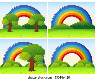 Scenes with rainbow and field illustration