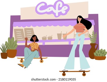 Scenes with retro black girl roller skates, skateboarding with dog in summer city street clipart, Joyful teenager characters near ice cream truck cafe clip art, Vector illustration flat cartoon style