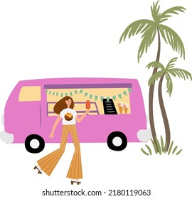 Scenes with retro black girl roller skates, skateboarding with dog in summer city street clipart, Joyful teenager characters near ice cream truck cafe clip art, Vector illustration flat cartoon style