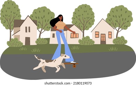 Scenes with retro black girl roller skates, skateboarding with dog in summer city street clipart, Joyful teenager characters near ice cream truck cafe clip art , Vector illustration flat cartoon style
