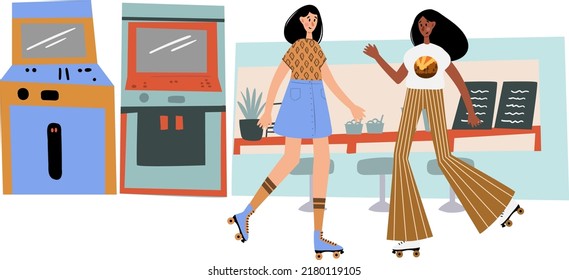 Scenes with retro black girl roller skates, skateboarding in cafe with retro arcade games machine, clipart, Joyful teenager characters near retro cafe clip art, Vector illustration flat cartoon style