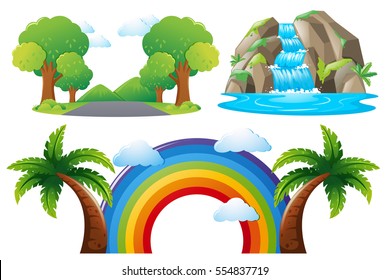 Scenes with road and waterfall illustration