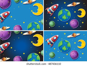 Scenes with rocket and planets illustration