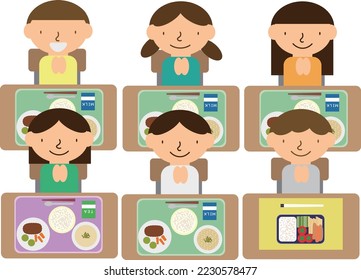 Scenes of school lunches enjoying meals in various forms such as elimination diets and bento boxes