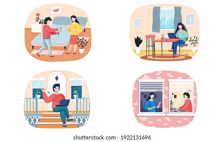 Scenes set of daily leisure and work activities performing by young people. Bundle of everyday routine situations. Woman works with laptop in office,talking to colleague communicates with man at home